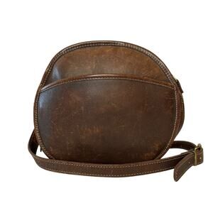 Vintage Brown Leather Round Circle Canteen Crossbody Bag
